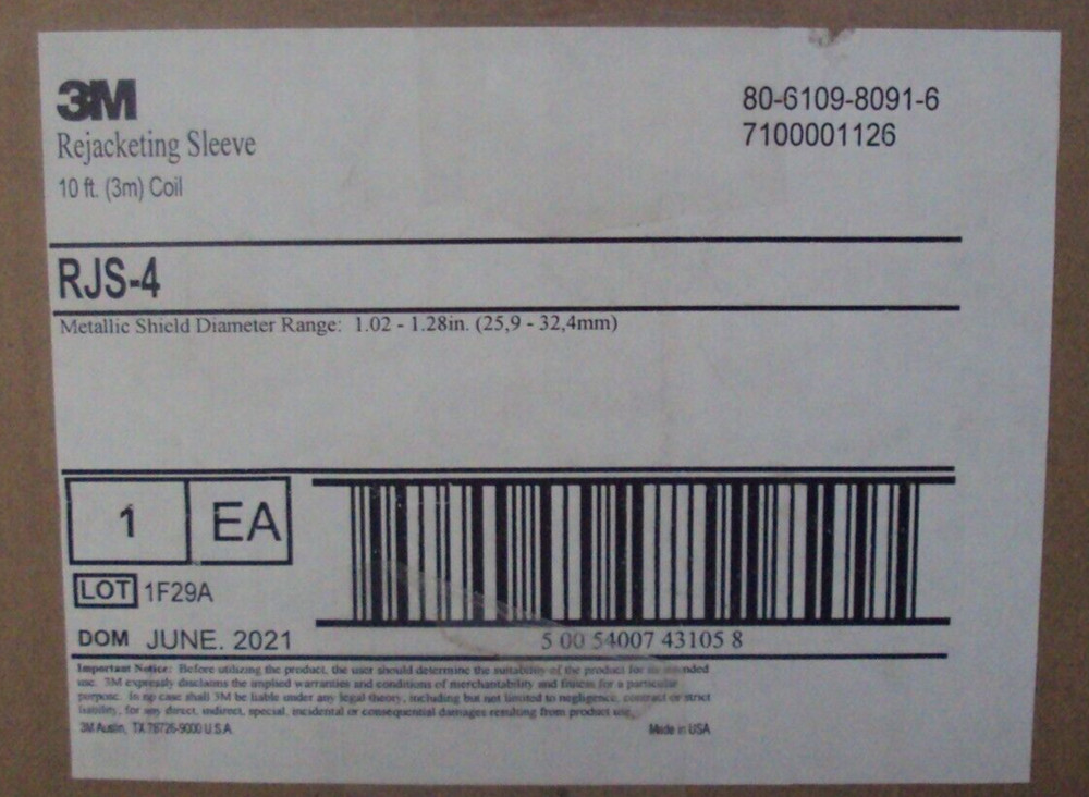 3M REJACKETING SLEEVEWITH 10 FT COIL P/N: RJS-4 80-6109-8091-6