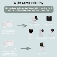 Micro USB Camera Extension Cable for Wyze, [2-Pack, 30Ft] Power Extension Cord f
