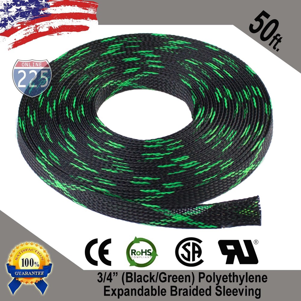 50 FT 3/4″ Black Green Expandable Wire Sleeving Sheathing Braided Loom Tubing US