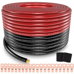 AWG 1/0 Gauge Wire (20 Feet Black+20 Red) Copper Clad Black, Red