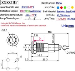 UL Listed Mini Indicator Light 8mm 0.31 Waterproof Domed Sphere High Head Metal