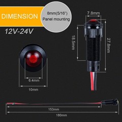 8mm LED Indicator Light Plastic Black Signal Dot Lamp 12V 24V /16 Mounting