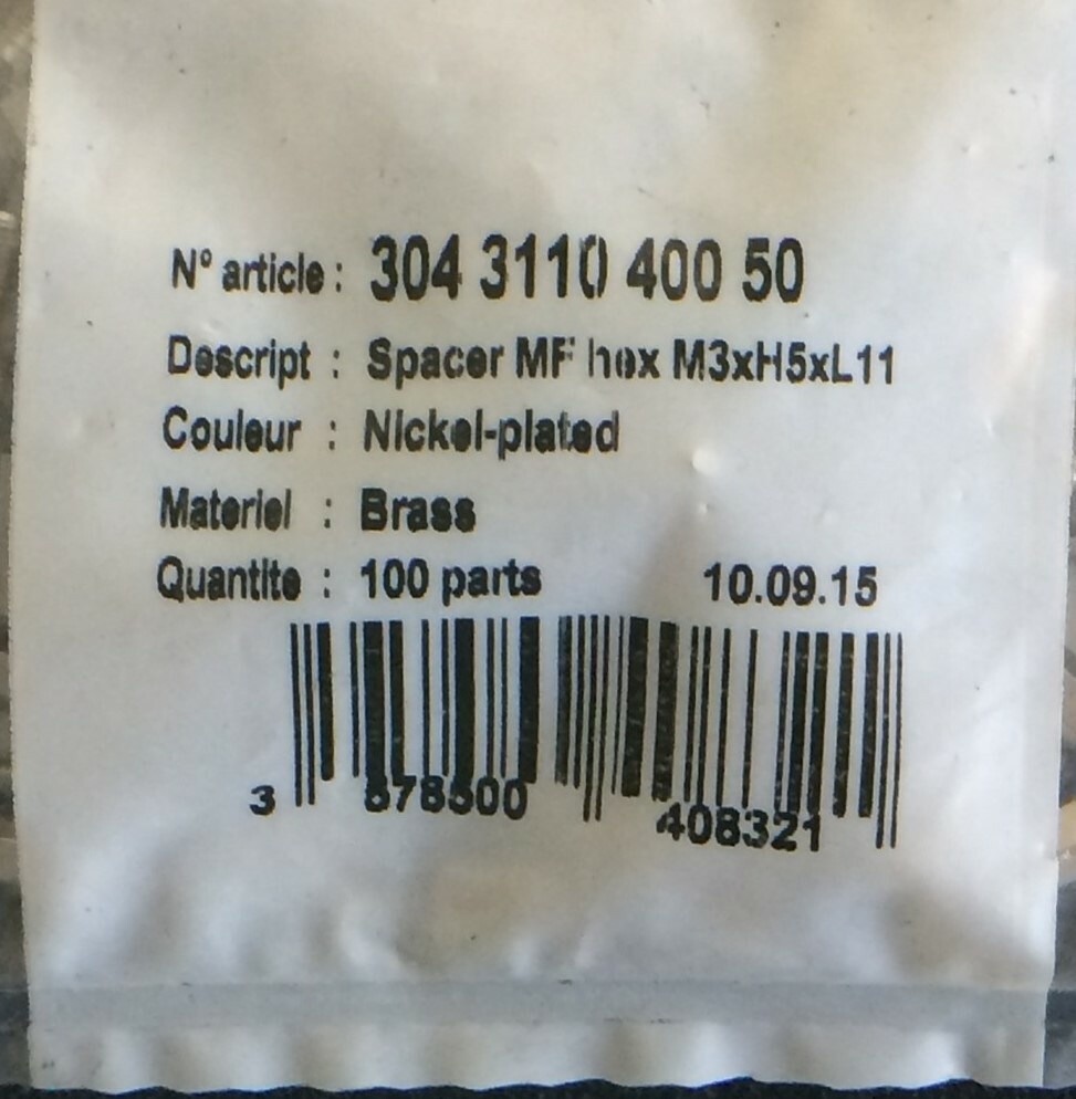 304311040050 SKIFFY SPACER MF HEX NICKEL PLATED 100 PIECES
