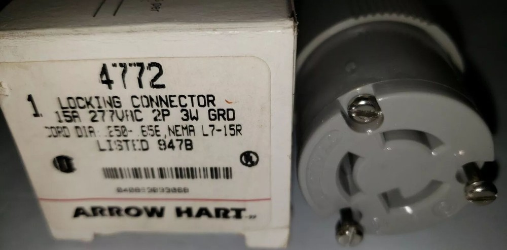 ARROW HART 4772, Locking Connector 15A 277VAC 2P 3W Ground, 1 pc
