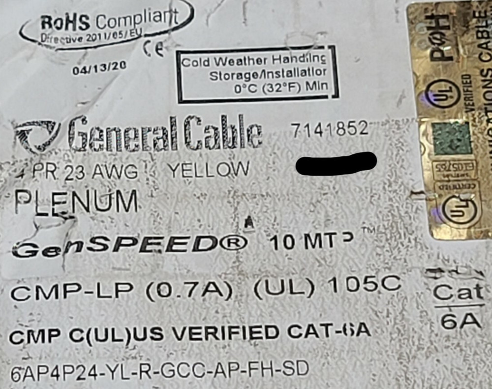 General Cable 7141852 23/4P GenSPEED 10 MTP Cat6A 10GX 10G Plenum Yellow /50ft