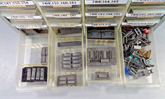 74HC series IC’s with bin, & IC Sockets, Vintage Assorted,