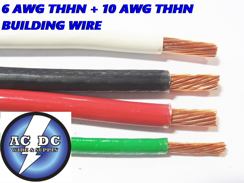 125′ EA THHN THWN 6 AWG GAUGE BLACK WHITE RED COPPER WIRE + 125′ 10 AWG GREEN