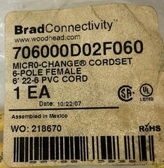NEW BRAD CONNECTIVITY 706000D02F060 MICRO CHANGE CORDSET 6P FEMALE , FREE SHIP