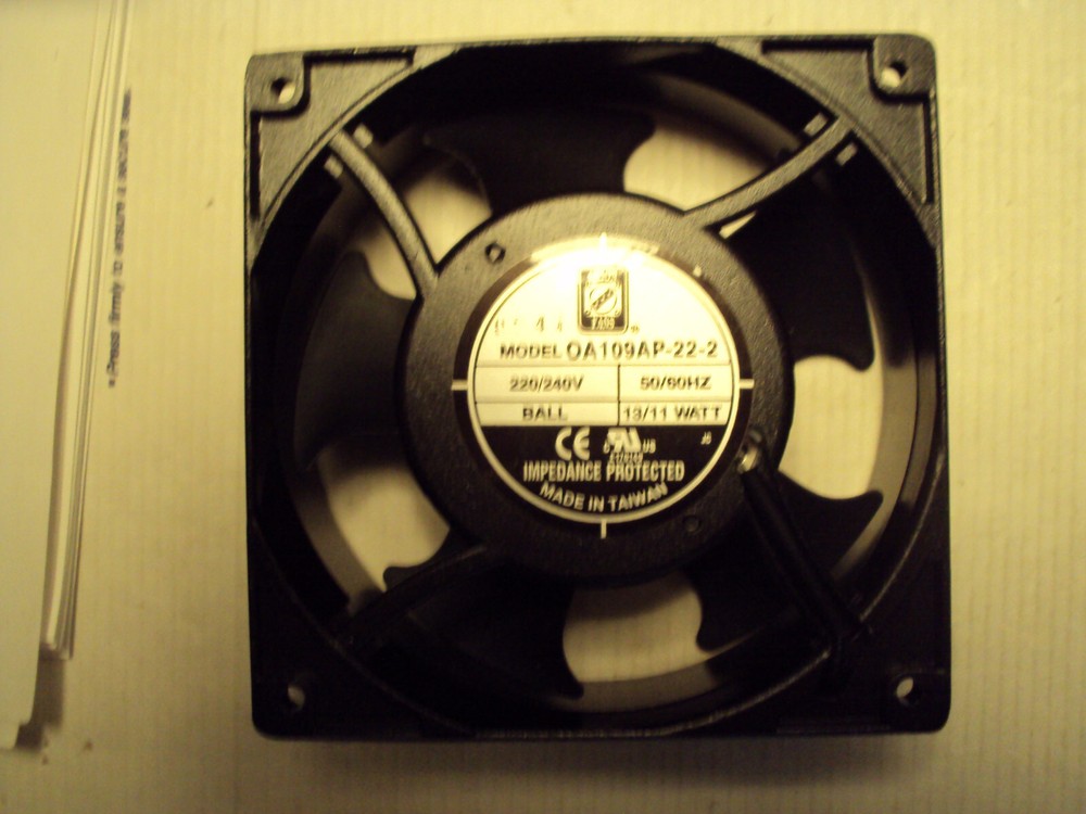 Orion fan OA109AP-22-2; 220/240 50/60hz; metal frame 5 blade ball bearing; 4-3/4
