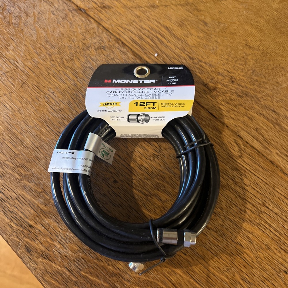 Monster 140030-00 RG6 Video Quad Coaxial Cable, 12′, Black