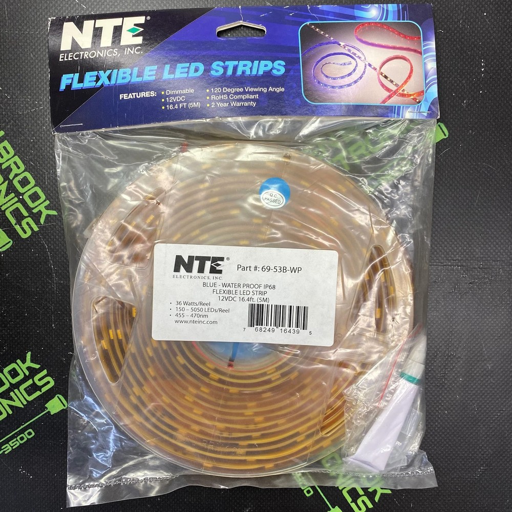 69-53B-WP – NTE – BLUE – WATERPROOF IP68 FLEXIBLE LED STRIP 12VDC 16.4FT (5M) 36
