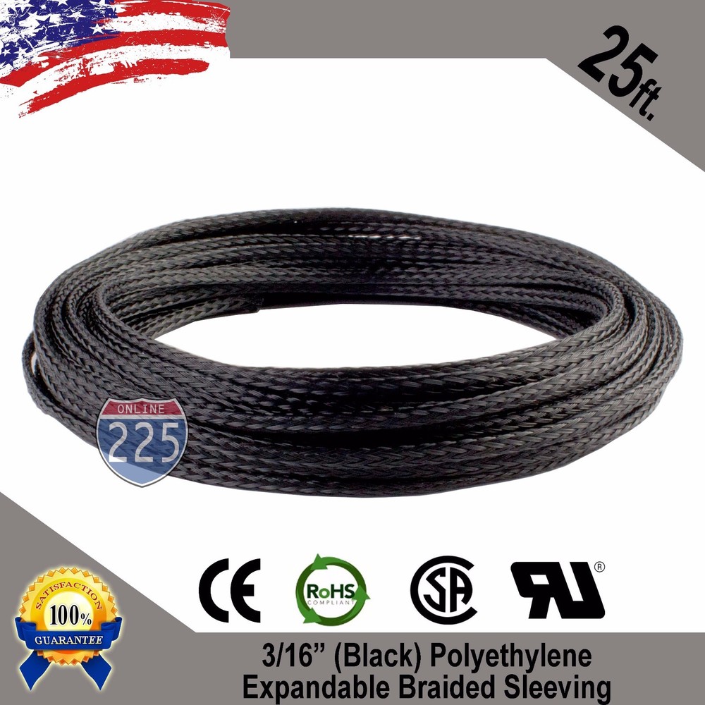 25 FT. 3/16″ Black Expandable Wire Cable Sleeving Sheathing Braided Loom Tubing
