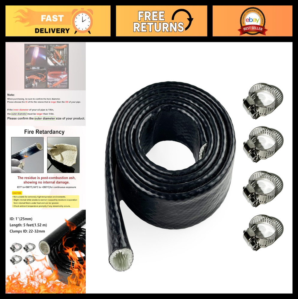 1″ ID Heat Shield Fire Sleeve Silicone Coated Fiberglass with 4 Clamps – 5FT Aut