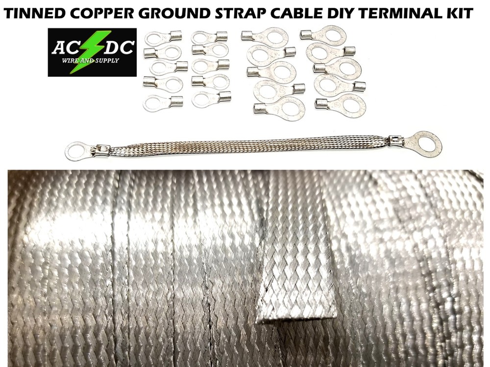 25′ TINNED Copper Ground Strap Cable KIT + DIY Terminal Kit 1/2″ FLAT Braid Wire