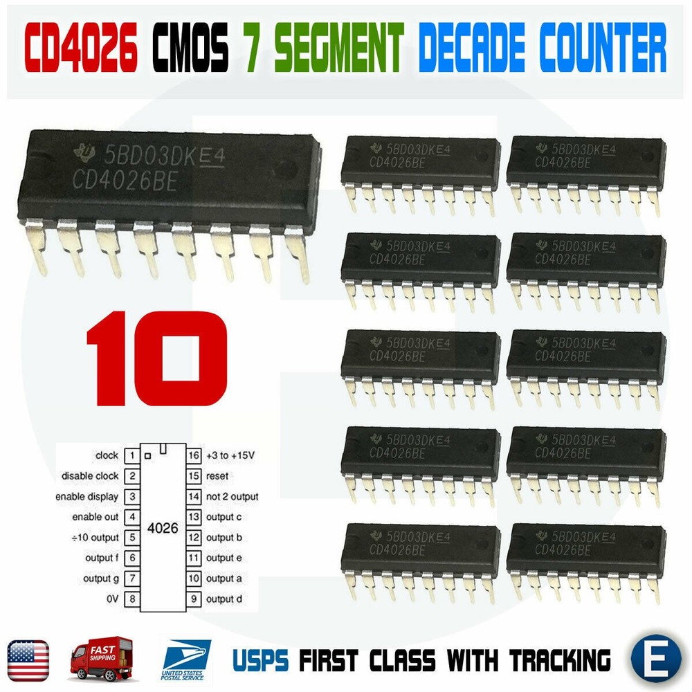 10PCS CD4026 CD4026BE 4026 CMOS Counters Decade/Divider 7 segment DIP-16 IC USA