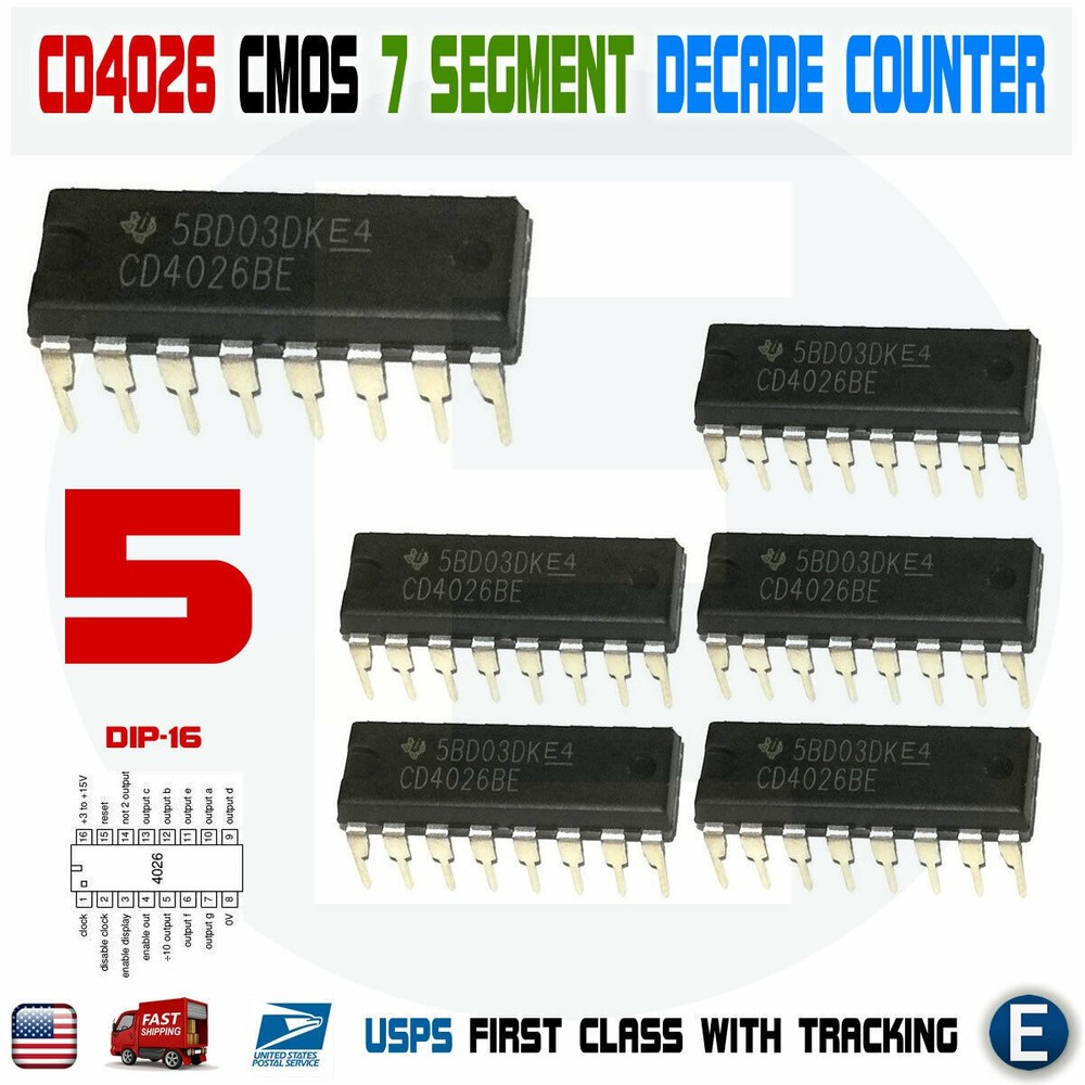 5PCS CD4026 CD4026BE 4026 CMOS Counters Decade/Divider 7 segment DIP-16 IC USA