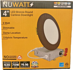 NUWATT 4” LED Bronze Round Canless Downlight 9 Watt Dimmable Indoor/Outdoor