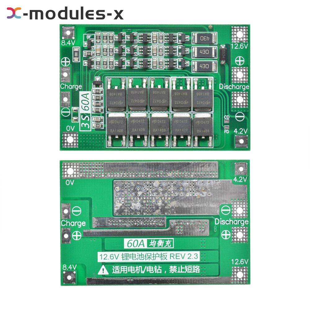 3S 60A 12.6V Li-Ion LiPo 18650 Battery Protection Board BMS Charger Balanced Top