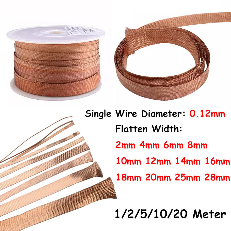 2-28mm Braided Ground Strap Copper Flat Braid Shielding Sleeve SingleWire 0.12mm