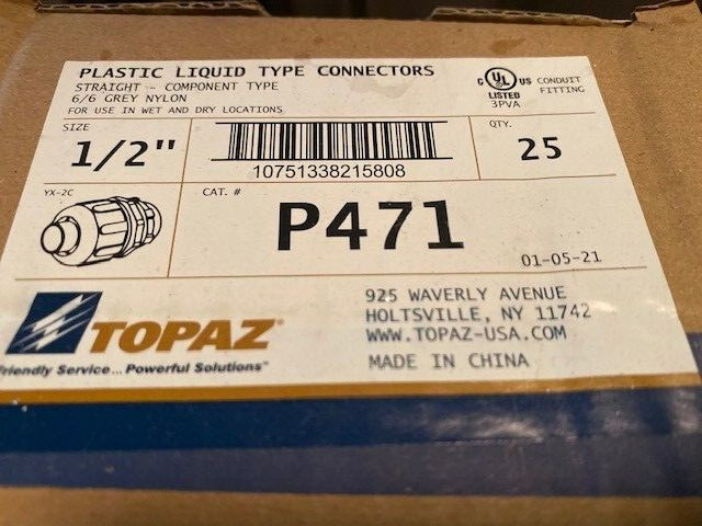TOPAZ P471 1/2″ Liquid Tight Conduit Non-Metallic Connectors 25 PACK
