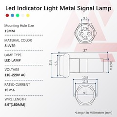 5PCS LED Indicator Light 12mm 1/2 Waterproof IP65 Metal I Size: 12MM-110V-240V