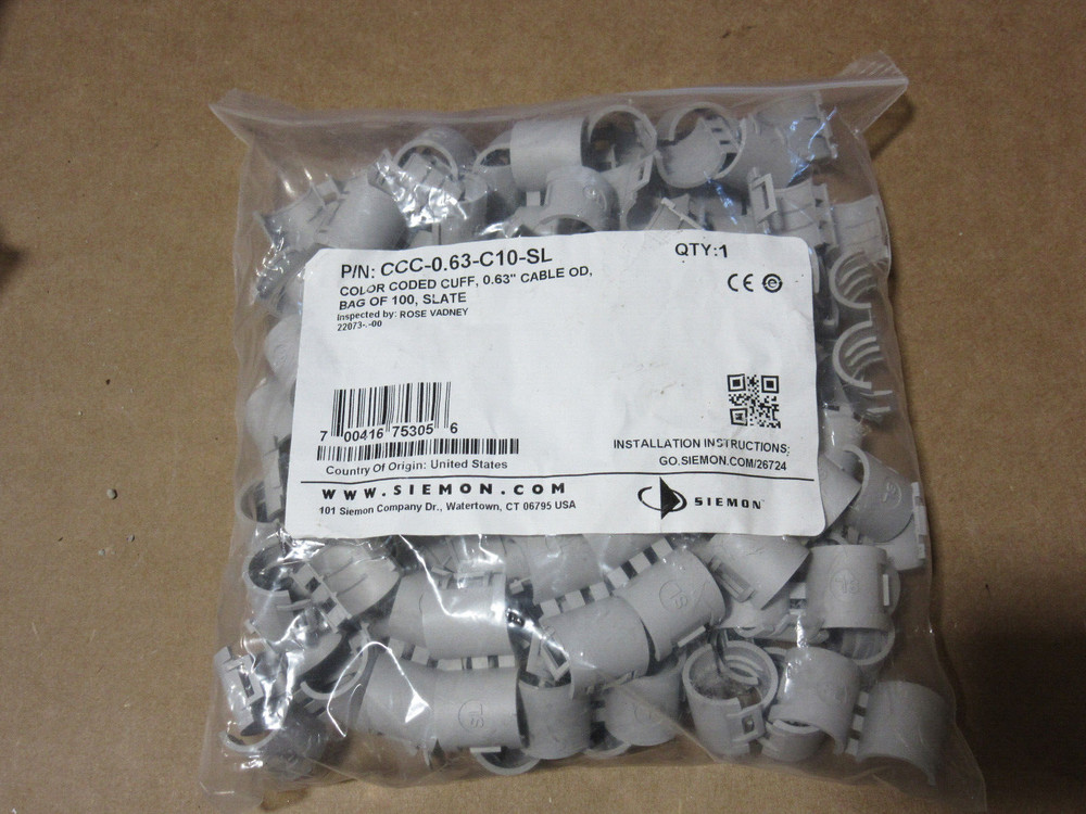 (100) Siemon CCC-0.63-C10-SL Slate Color Coded Cuff, 0.63 Cable O.D. New in Bag