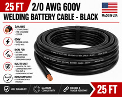 25FT 2/0 AWG 600V Welding Battery Cable – Flexible Black Copper Wire USA – Black