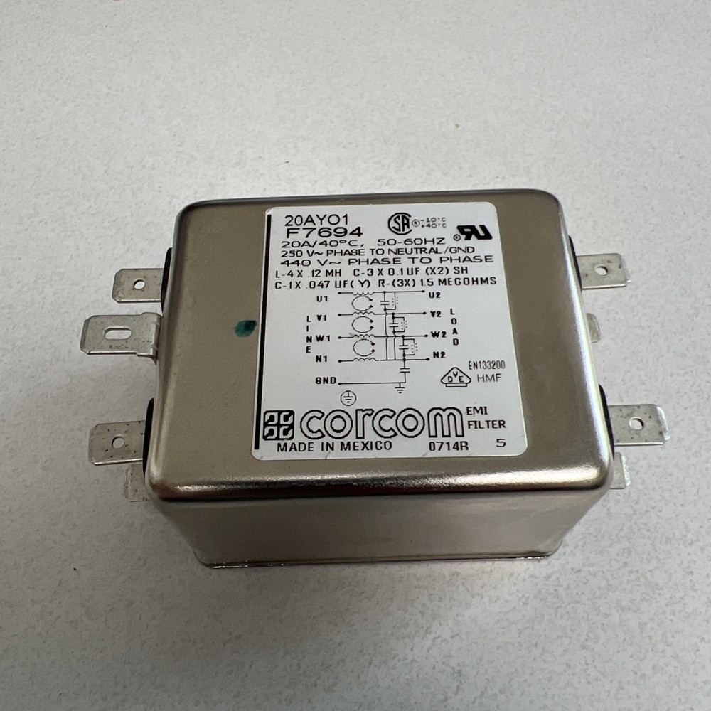 CORCOM 20AY01/F7694 EMI POWER LINE FILTER 20A, 50-60HZ, 120-250 VAC, .12 mH