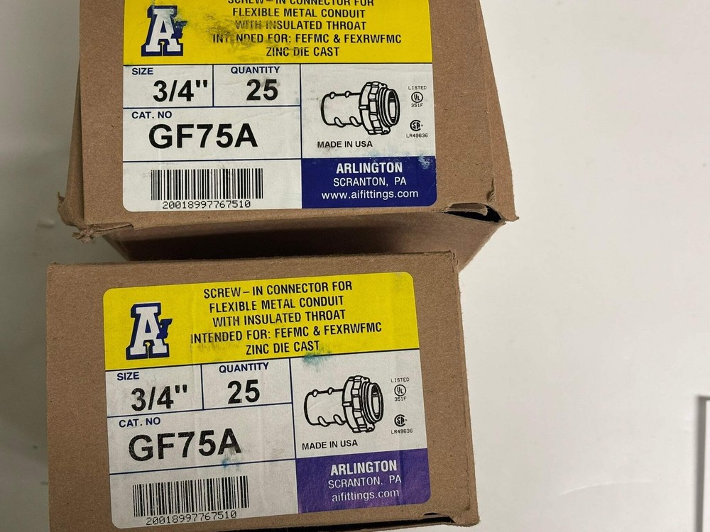 50 PK Arlington GF75A 3/4″ Insulated Screw-In Connector for AC/MC/FMC Conduit