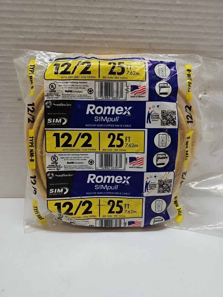 Southwire Romex SIMpull 25 FT Feet 12/2 Indoor Wire Copper NM-B NMB Cable Ground
