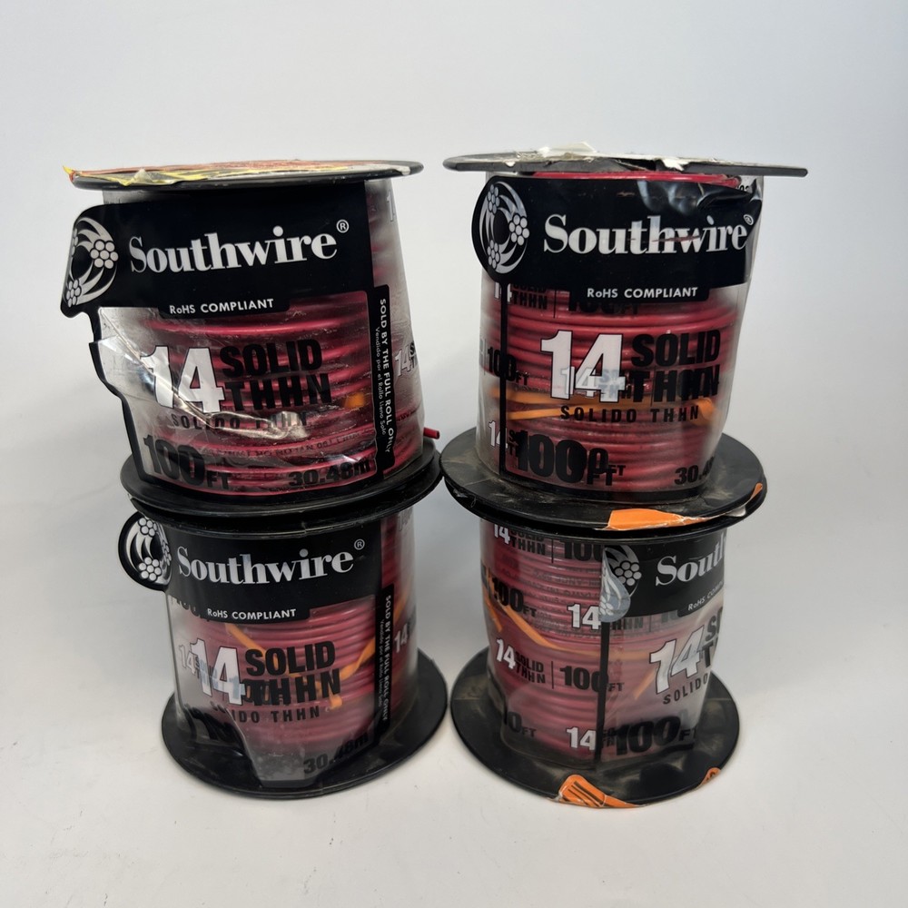 (4) Southwire THHN 14 Gauge Solid Wire, 100′ per Roll, Red (LOT OF FOUR)